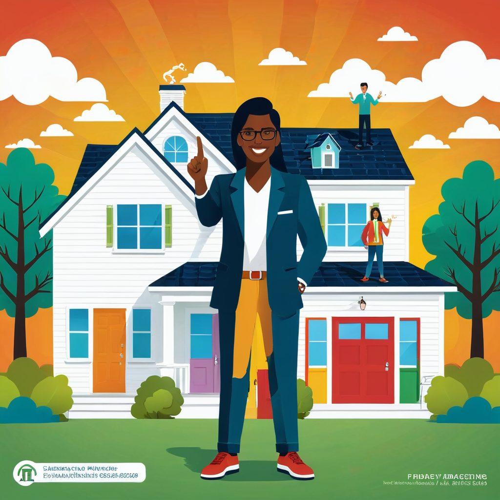 A friendly and approachable mortgage advisor presenting a colorful infographic with key home financing strategies, surrounded by happy diverse families celebrating their newfound home ownership. Include elements like dollar signs, a calculator, and a dream home illustration in the background. The overall feeling should be optimistic and informative. vibrant colors. vector art.