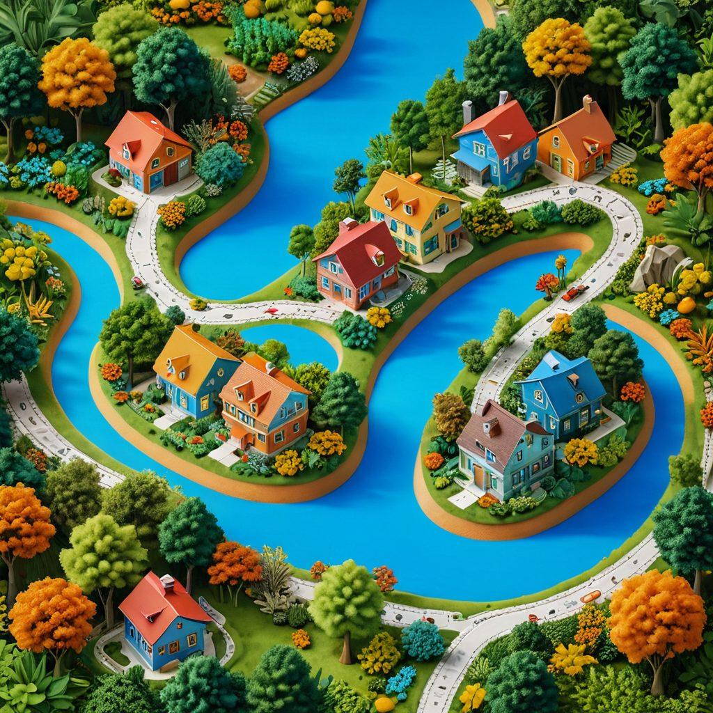 A detailed map featuring a winding path through a loan landscape filled with symbols of financial choices like houses, dollar signs, and calculators. Include a compass guiding toward affordable housing options, surrounded by colorful foliage and clear blue skies to reflect optimism. The scene should convey a sense of exploration and decision-making in personal finance. super-realistic. vibrant colors. 3D.