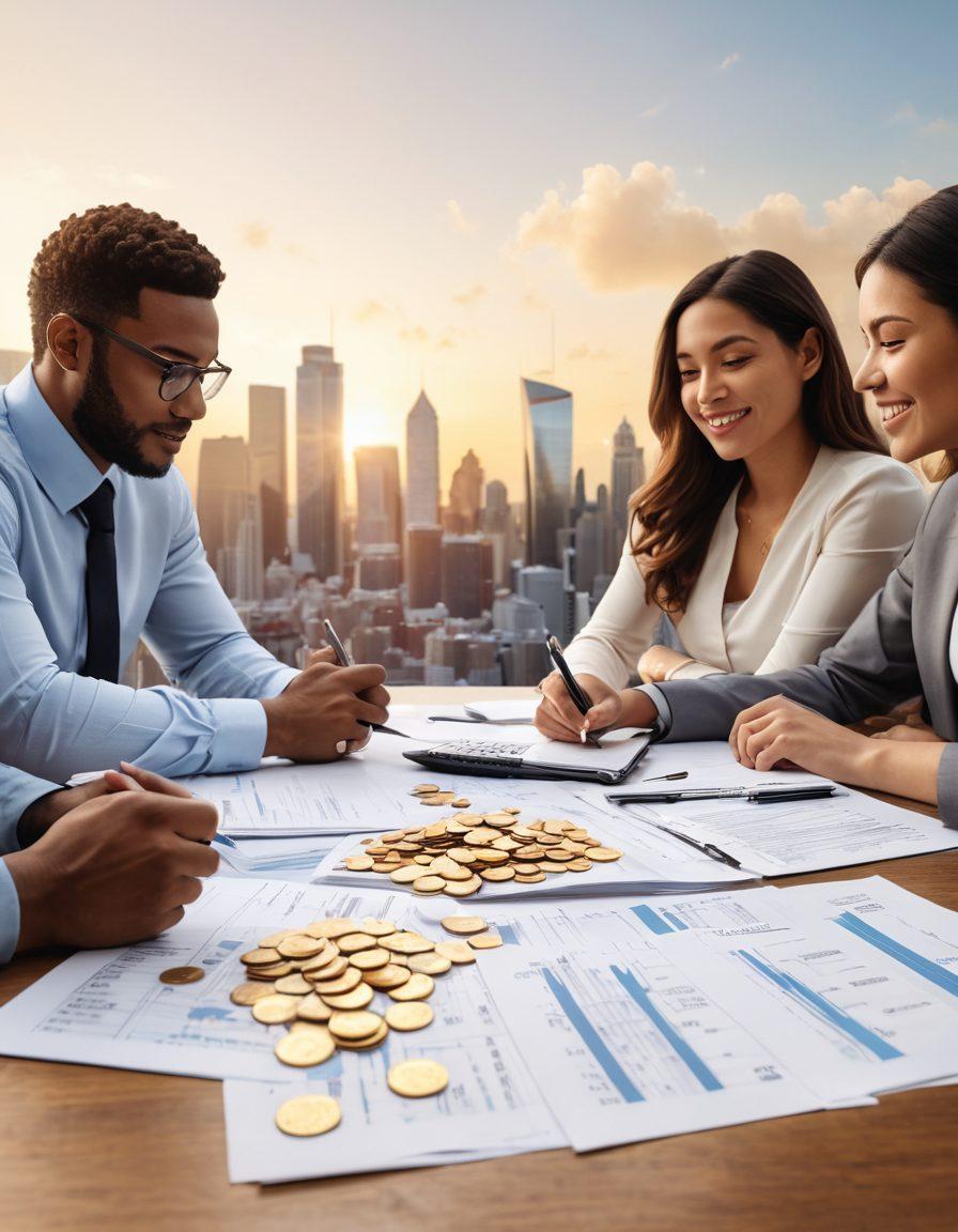 A diverse group of people engaging in a friendly discussion over a table filled with mortgage documents and a calculator, with a backdrop featuring a modern city skyline. Include visual elements symbolizing financial growth, like upward arrows and golden coins. The atmosphere should be warm and inviting, emphasizing collaboration and learning. light colors. 3D effect. super-realistic.